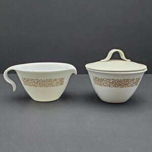 Corelle Woodland Brown Creamer and Sugar Bowl with Lid Brown Flowers on White
